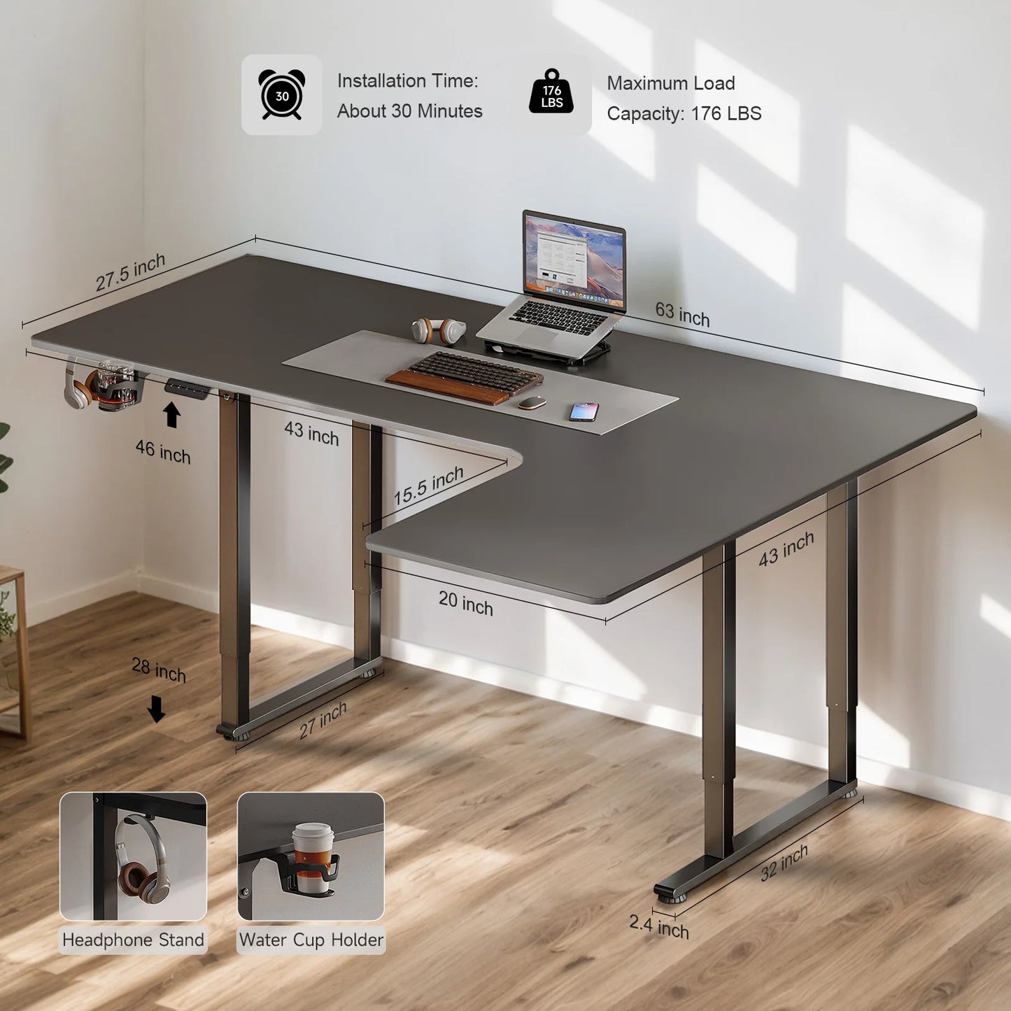 L-Shaped Corner Gaming Desk with Monitor Riser
