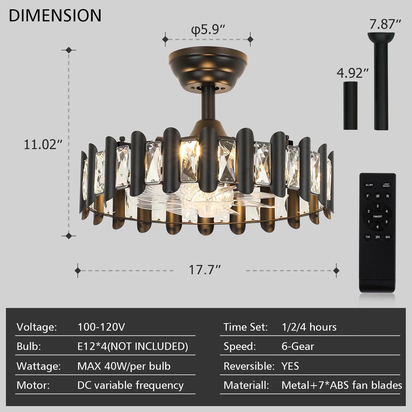 17.7-Inch Black Luxury Ceiling Fan Light With Remote Control & Timing – Ideal For Living/Bedroom