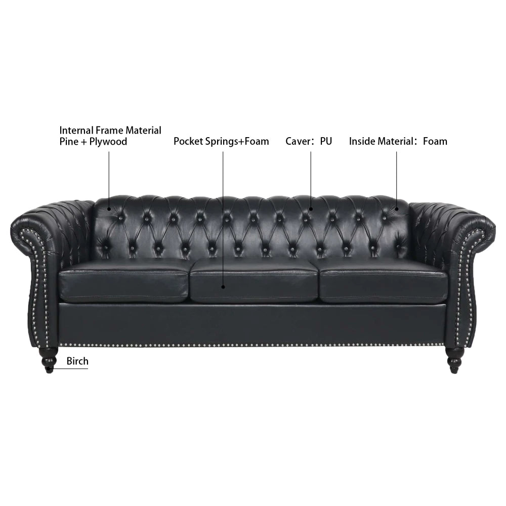 PU Rolled Arm Chesterfield Three Seater Sofa. Home Furniture Luxury Modern Sofa Furniture Living Room