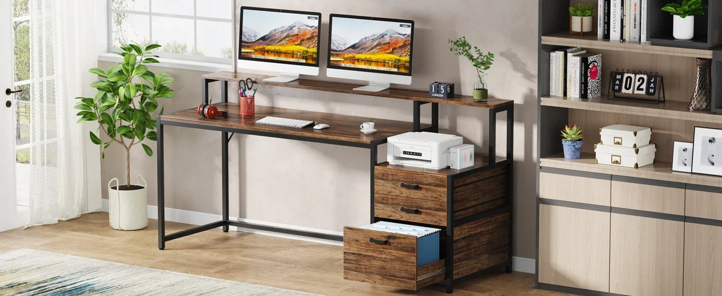 Desk with Monitor Shelf and 3-Drawer Storage Cabinet