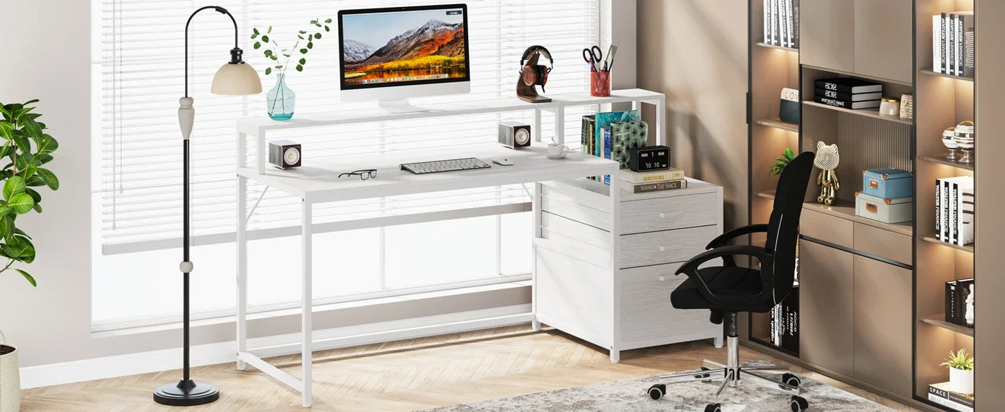 Desk with Monitor Shelf and 3-Drawer Storage Cabinet