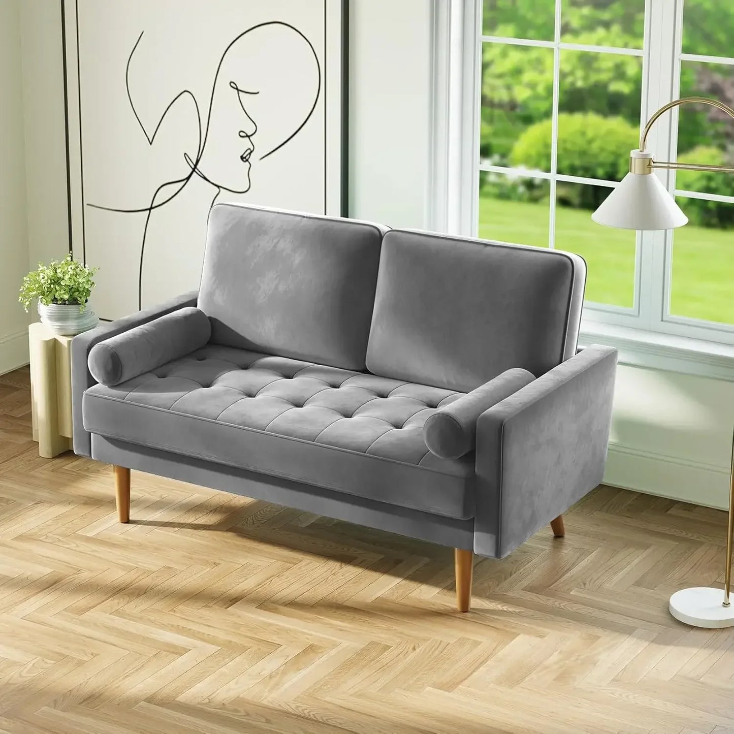 Velvet Couch Small Couch Love Seat Sofa with Tufted Seat, Mid Century Modern Couch for Living Room, Bedroom, Office