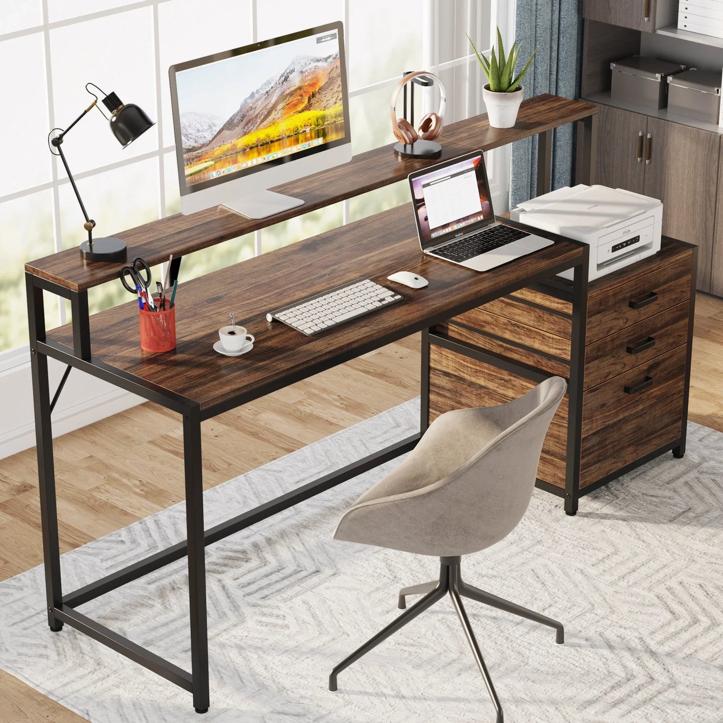 Desk with Monitor Shelf and 3-Drawer Storage Cabinet