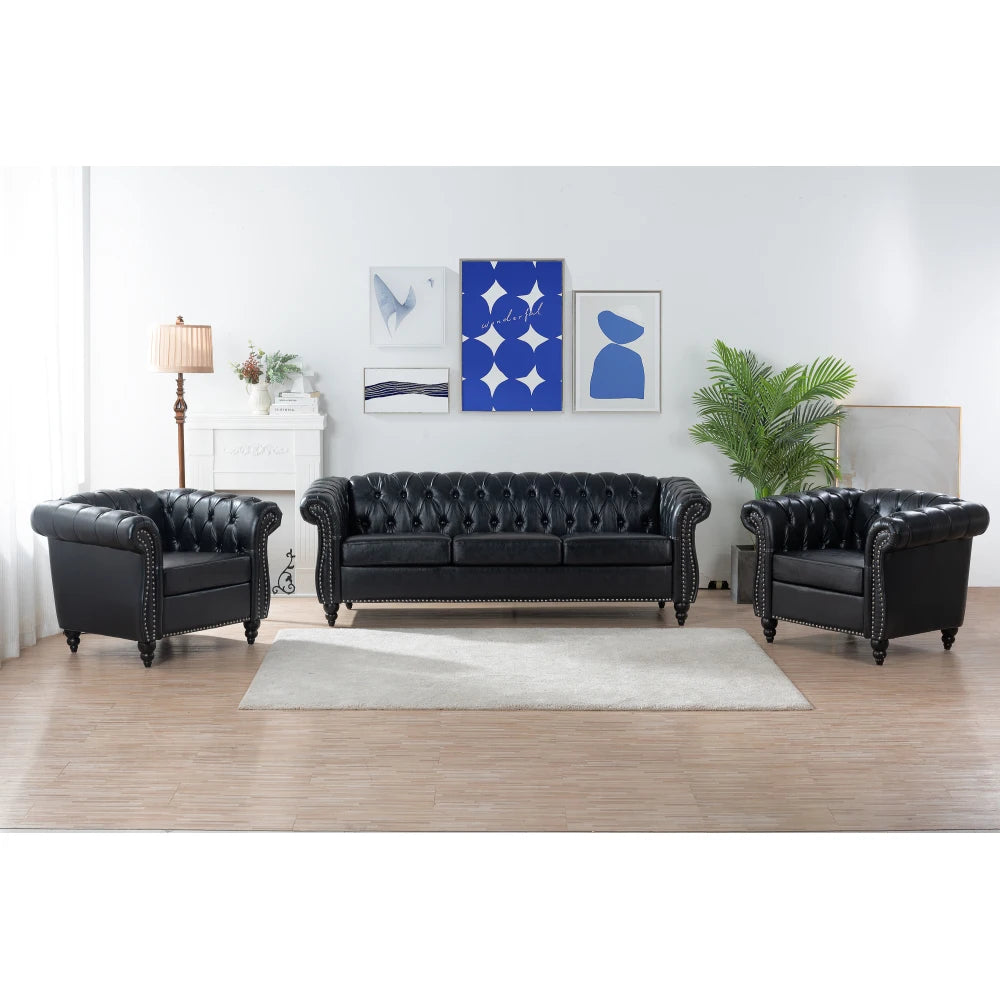 PU Rolled Arm Chesterfield Three Seater Sofa. Home Furniture Luxury Modern Sofa Furniture Living Room