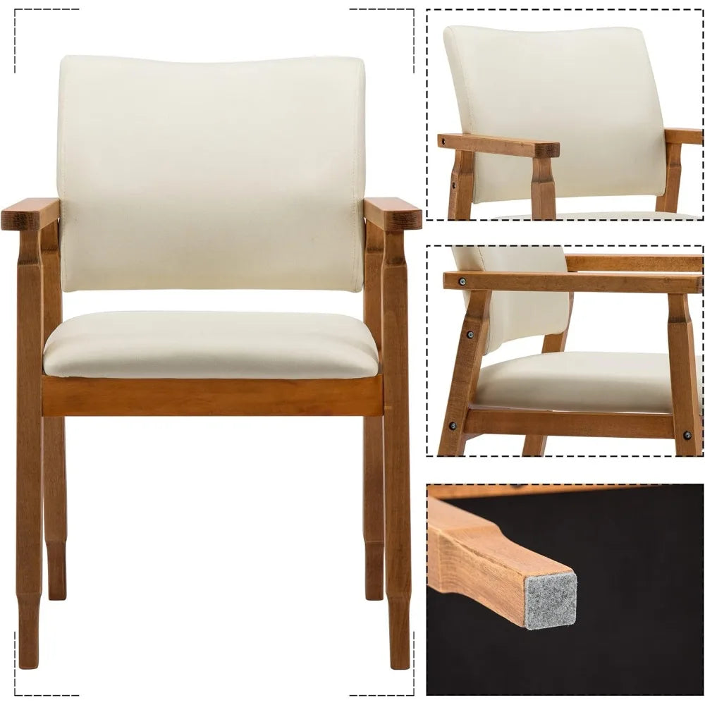 Set of 2 Mid Century Modern Walnut Dining Chairs Wood Arm Beige Fabric Kitchen Cafe Living Room Decor Furniture