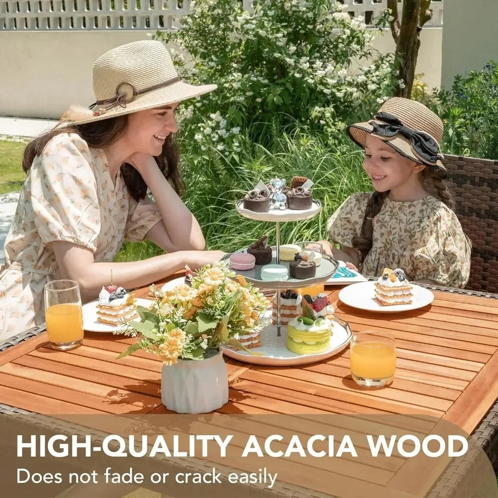 Patio Conversation Set with Acacia Wood Top, Rattan Outdoor Dining Table and Chairs for Backyard, Garden, Deck