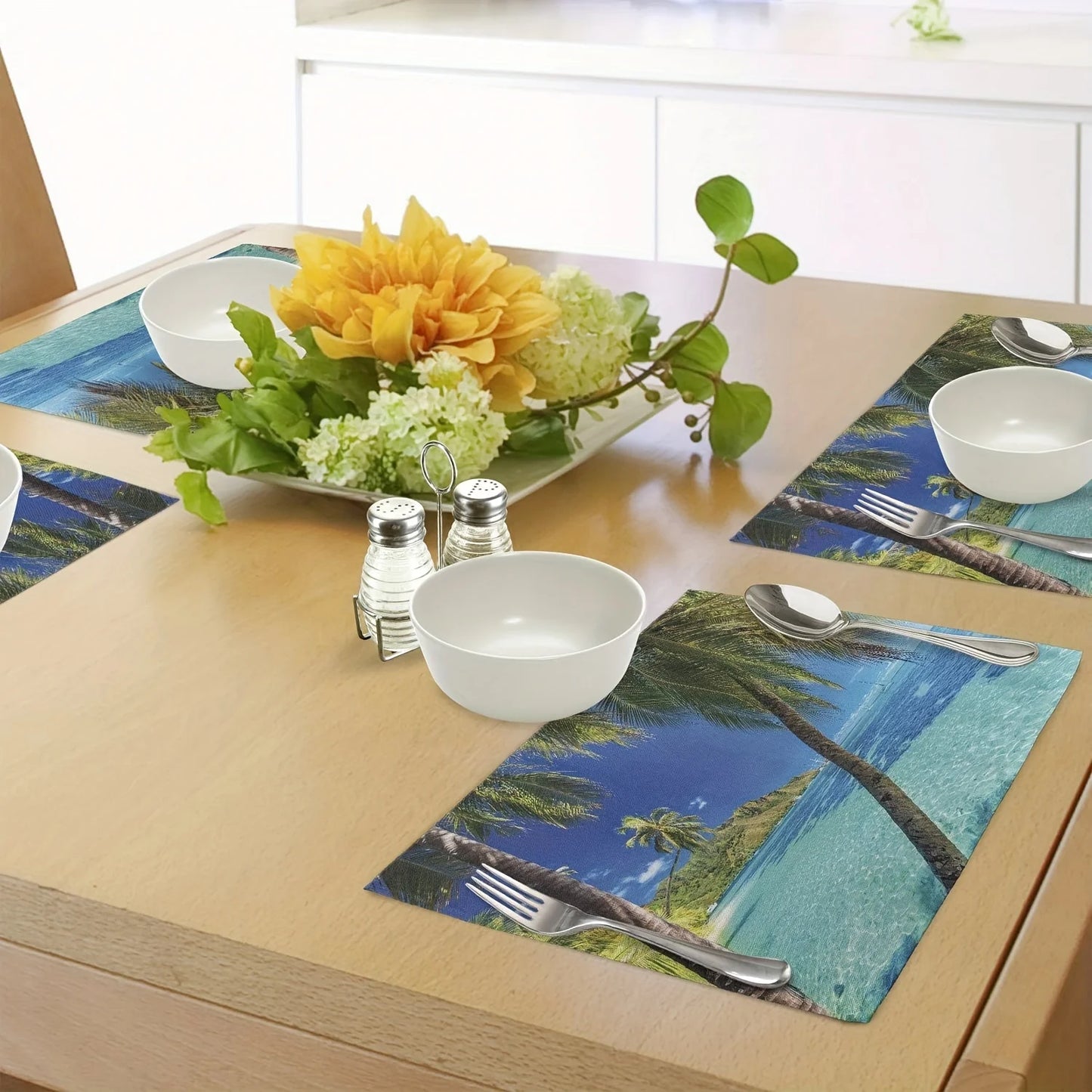 4pcs Tropical Beach Palm Tree Placemats Dining Table Decor Ocean Scene Kitchen Mat For Home & Restaurant Outdoor Party Decor