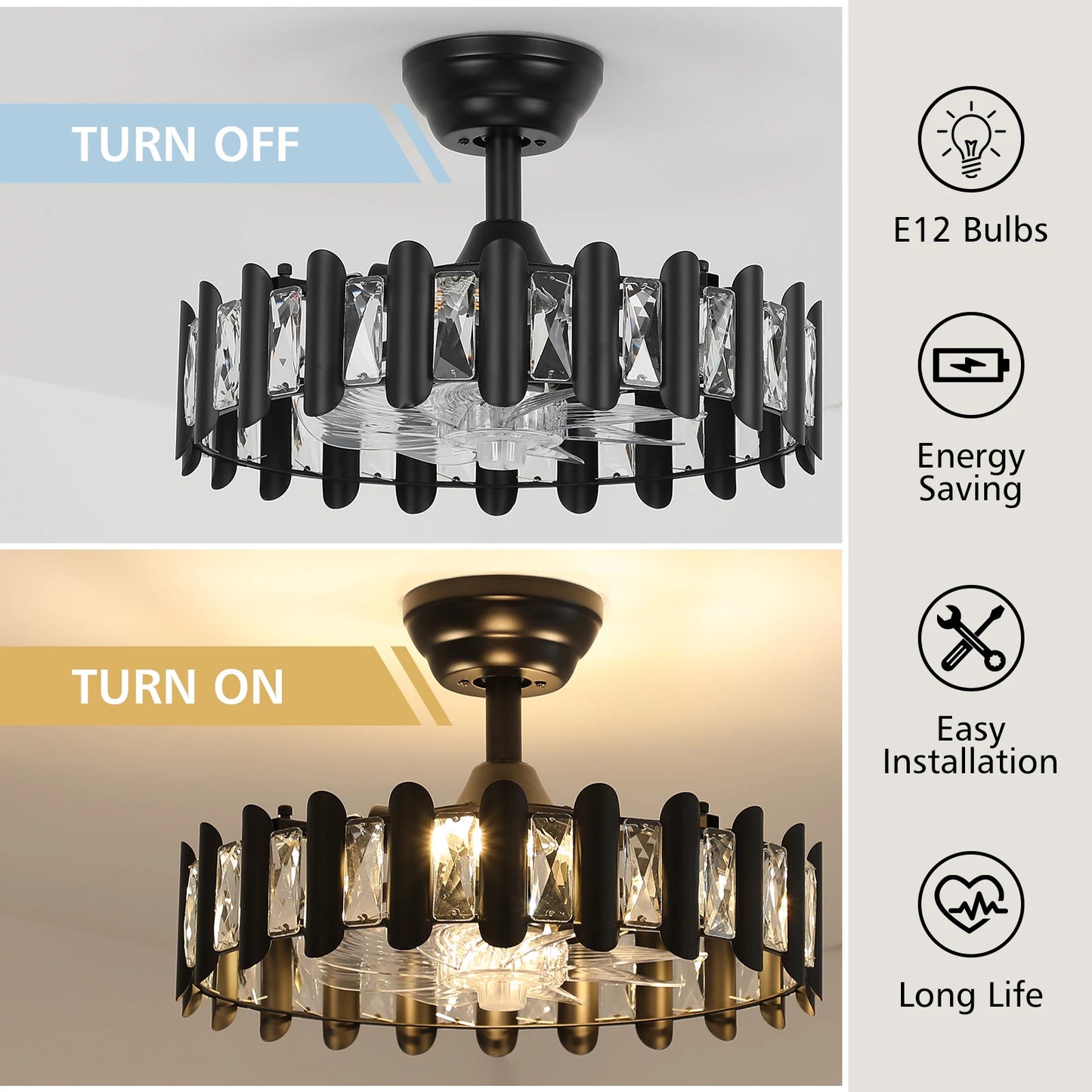 17.7-Inch Black Luxury Ceiling Fan Light With Remote Control & Timing – Ideal For Living/Bedroom