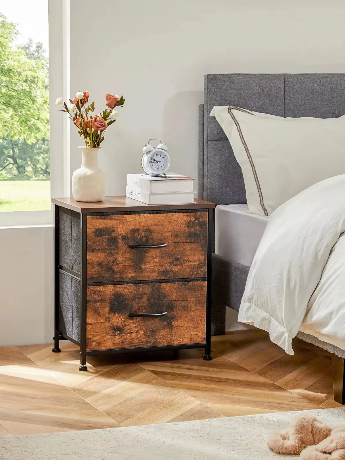 Modern 2-Drawer Nightstand with Fabric Drawers