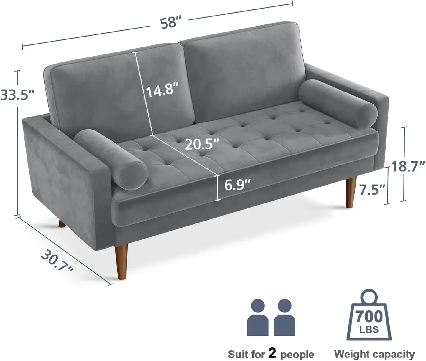 Velvet Couch Small Couch Love Seat Sofa with Tufted Seat, Mid Century Modern Couch for Living Room, Bedroom, Office
