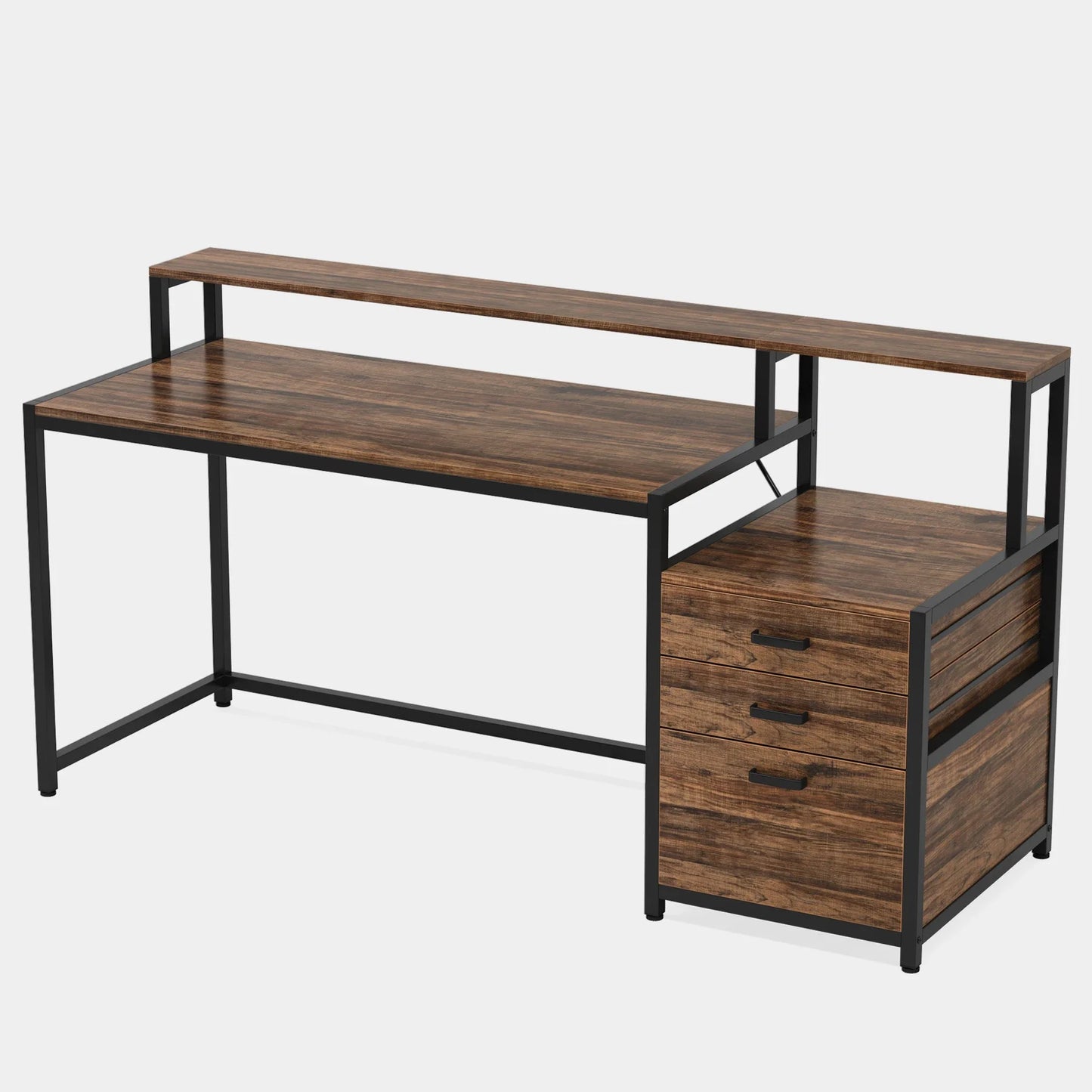 Desk with Monitor Shelf and 3-Drawer Storage Cabinet
