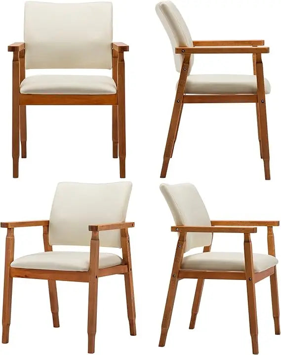 Set of 2 Mid Century Modern Walnut Dining Chairs Wood Arm Beige Fabric Kitchen Cafe Living Room Decor Furniture