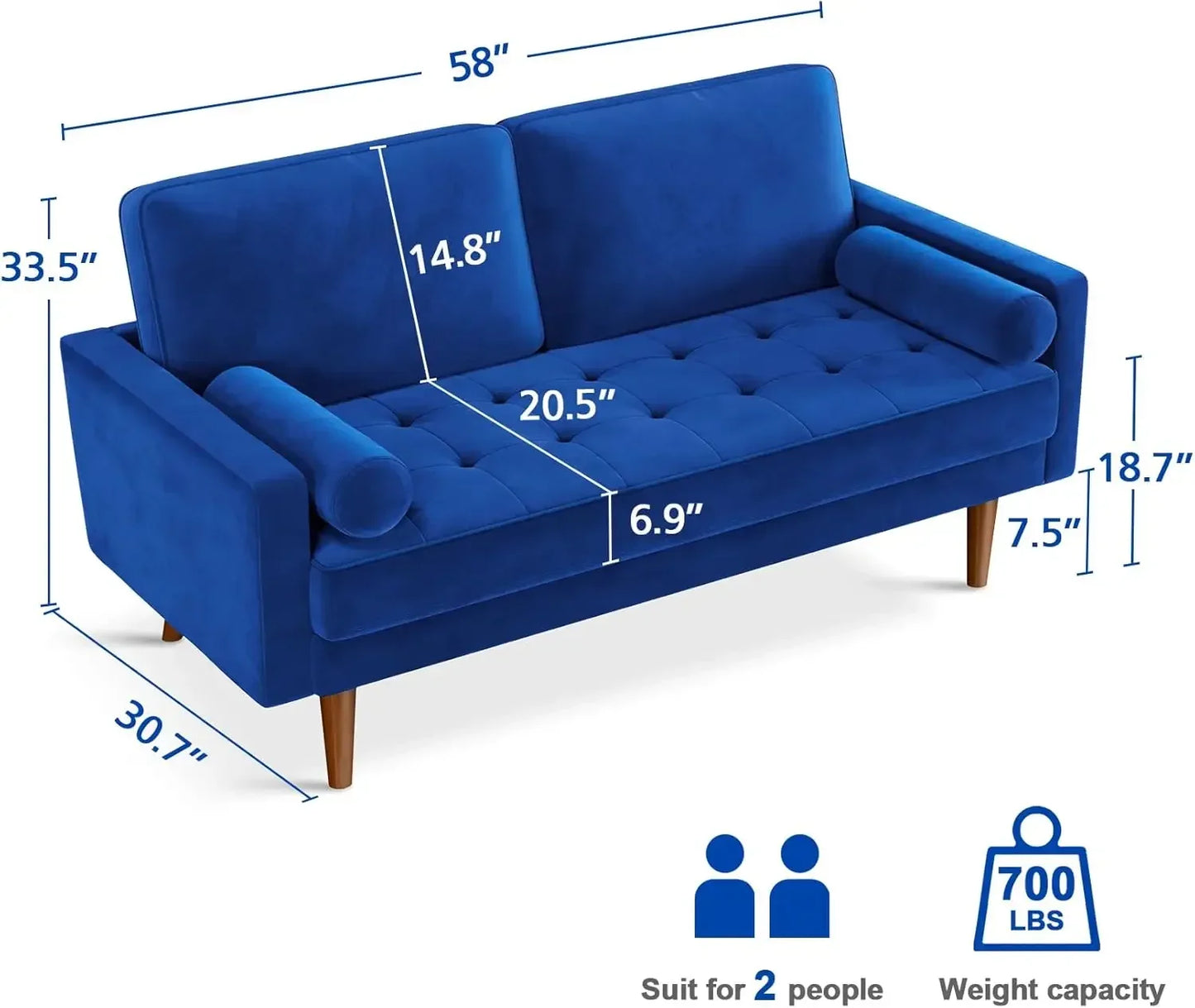 Velvet Couch Small Couch Love Seat Sofa with Tufted Seat, Mid Century Modern Couch for Living Room, Bedroom, Office