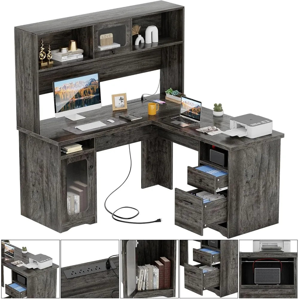 L-Shaped Desk with Hutch and Storage Cabinets