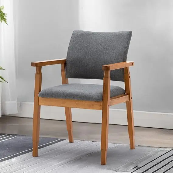 Set of 2 Mid Century Modern Walnut Dining Chairs Wood Arm Beige Fabric Kitchen Cafe Living Room Decor Furniture