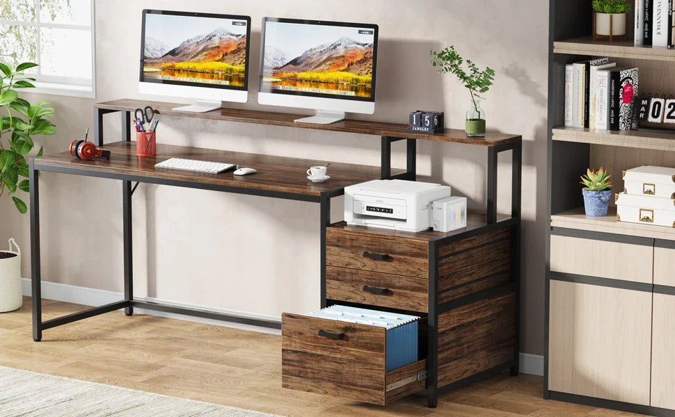 Desk with Monitor Shelf and 3-Drawer Storage Cabinet