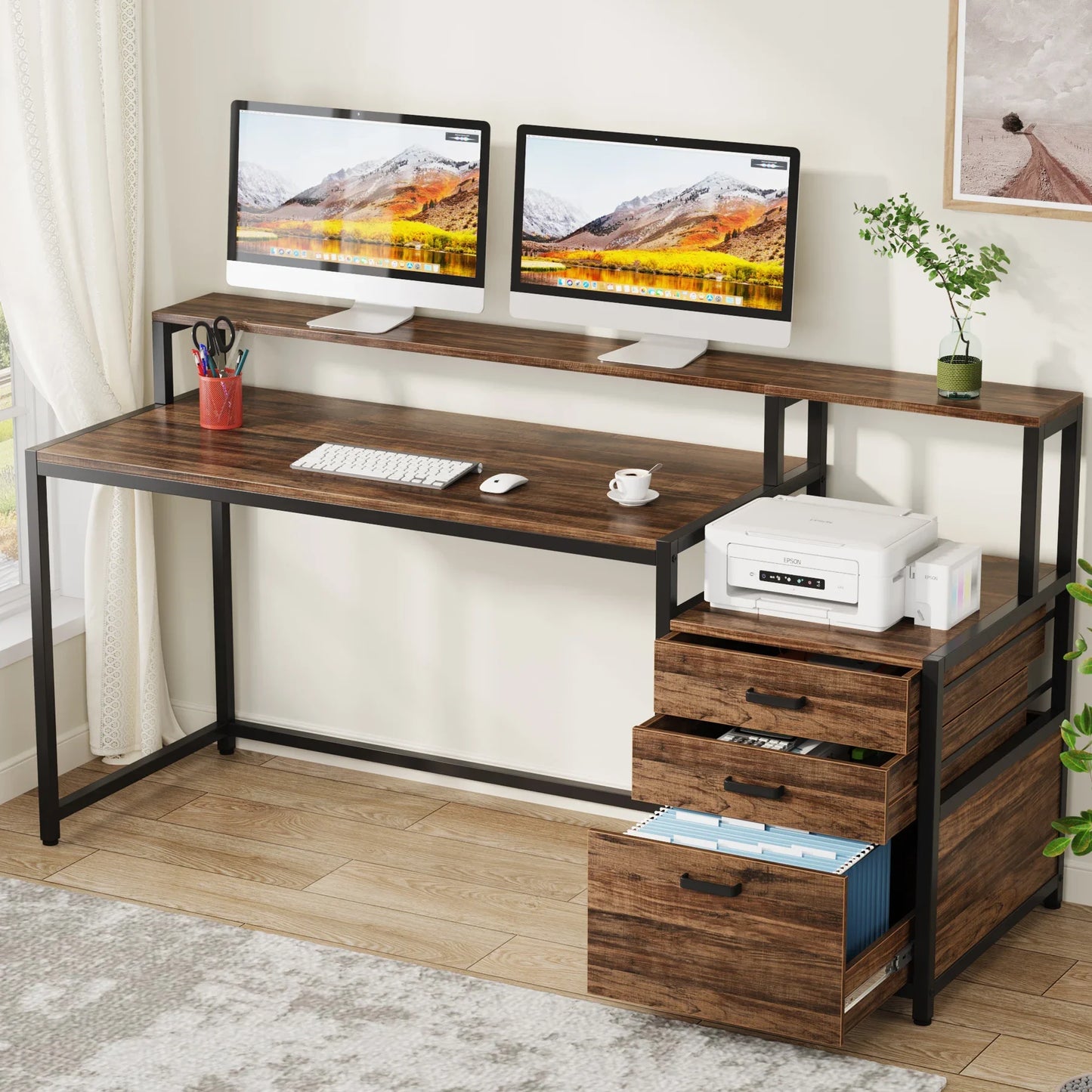 Desk with Monitor Shelf and 3-Drawer Storage Cabinet