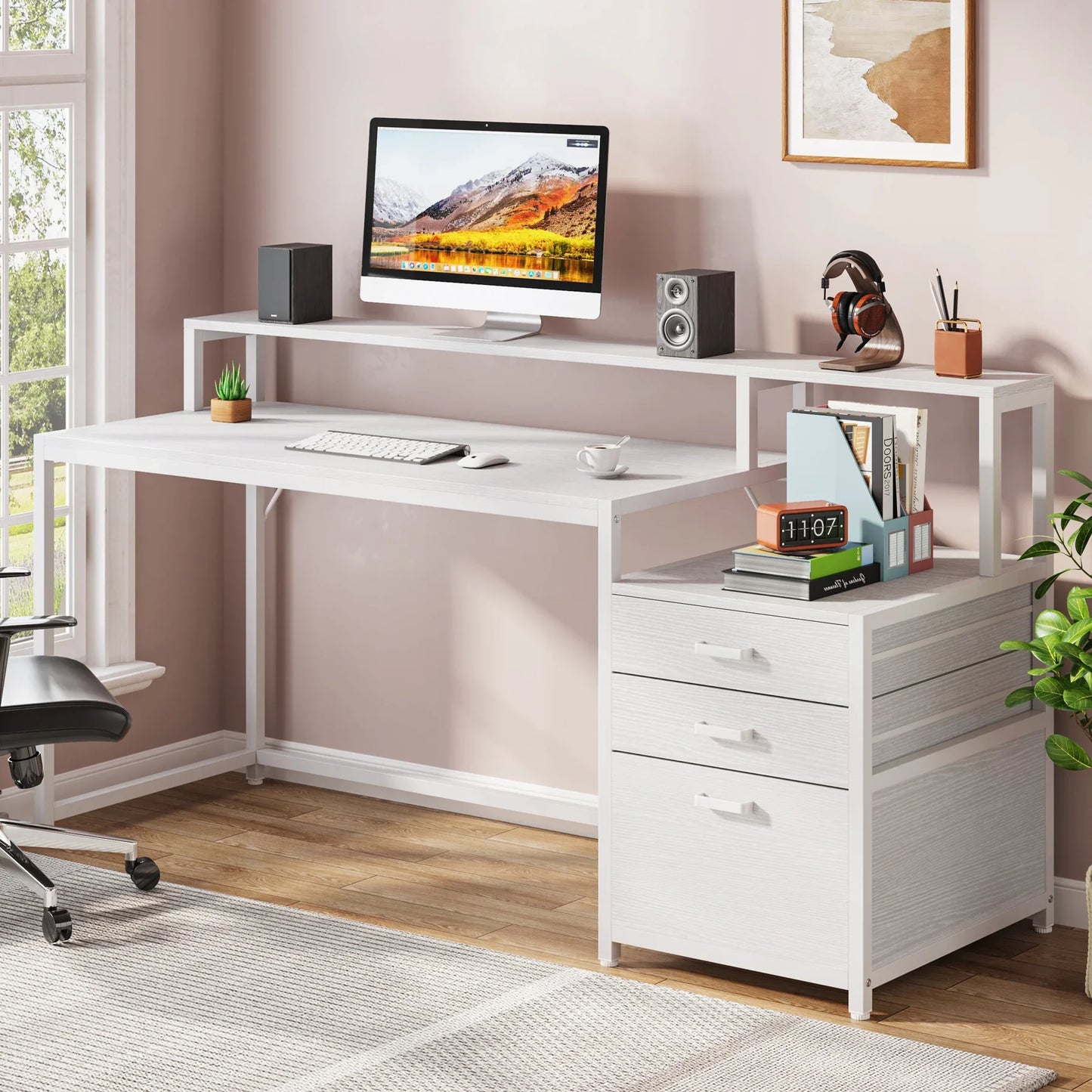 Desk with Monitor Shelf and 3-Drawer Storage Cabinet