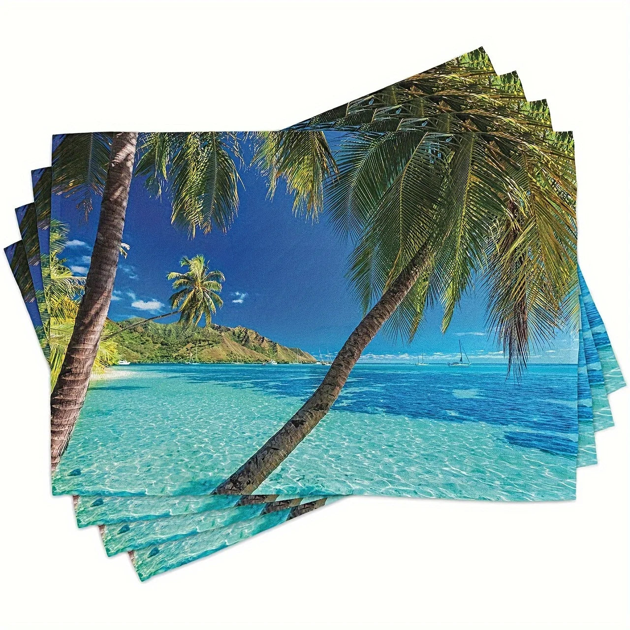 4pcs Tropical Beach Palm Tree Placemats Dining Table Decor Ocean Scene Kitchen Mat For Home & Restaurant Outdoor Party Decor
