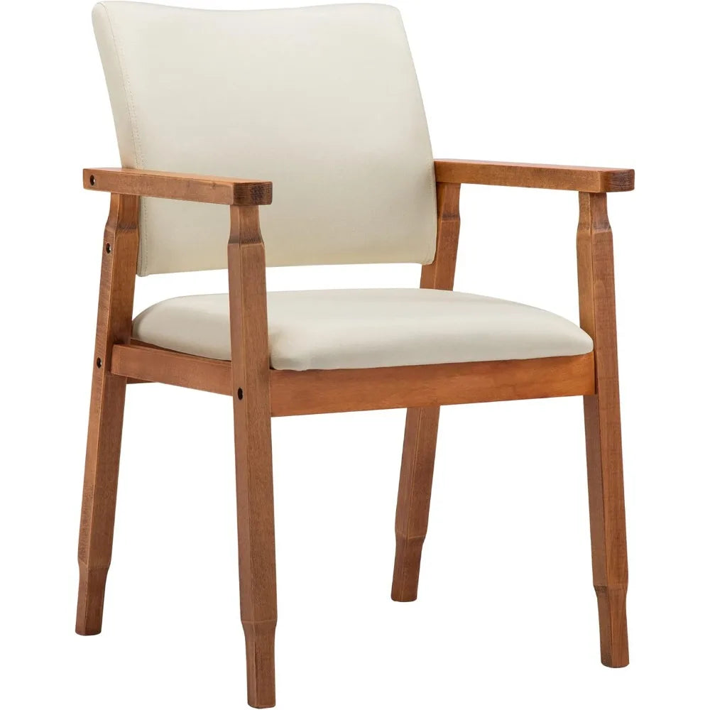 Set of 2 Mid Century Modern Walnut Dining Chairs Wood Arm Beige Fabric Kitchen Cafe Living Room Decor Furniture