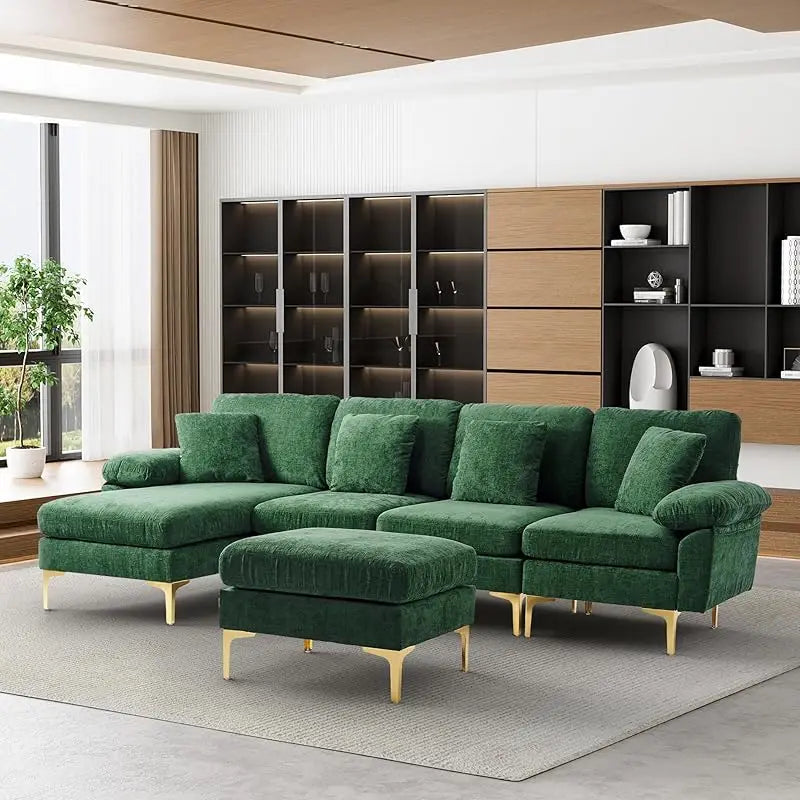 Emerald Green Velvet Sectional Sofa with Ottoman