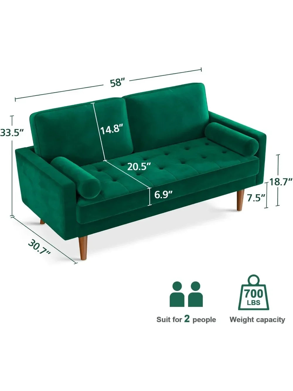 Velvet Couch Small Couch Love Seat Sofa with Tufted Seat, Mid Century Modern Couch for Living Room, Bedroom, Office