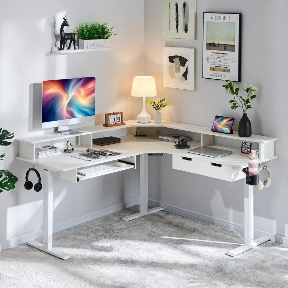 L-Shaped Electric Standing Desk, 60 inches Motor Height Adjustable Sit Stand Corner Desk with Led, Large Home Office Desk Compu