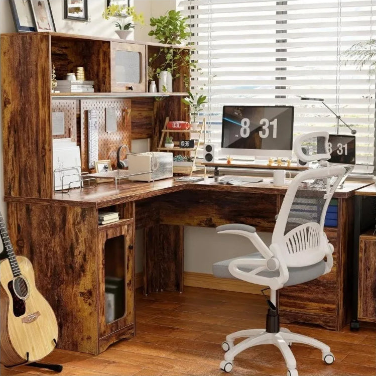 L-Shaped Desk with Hutch and Storage Cabinets