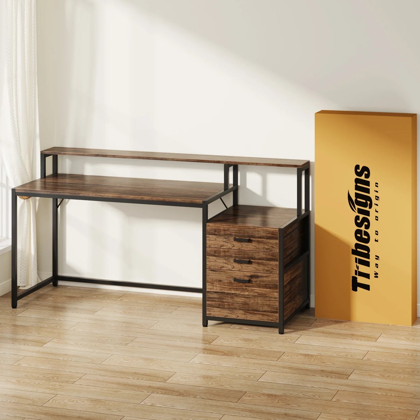 Desk with Monitor Shelf and 3-Drawer Storage Cabinet