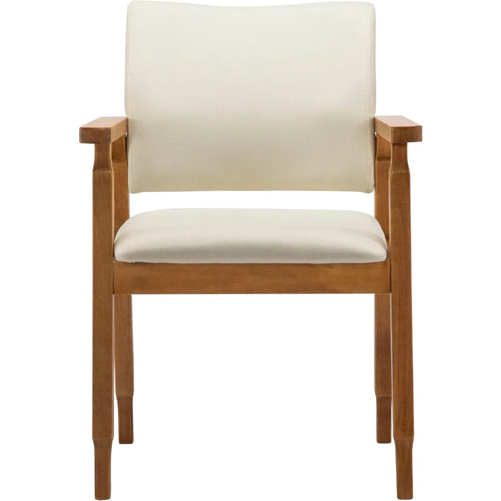 Set of 2 Mid Century Modern Walnut Dining Chairs Wood Arm Beige Fabric Kitchen Cafe Living Room Decor Furniture