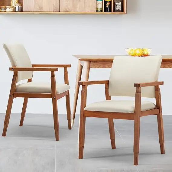 Set of 2 Mid Century Modern Walnut Dining Chairs Wood Arm Beige Fabric Kitchen Cafe Living Room Decor Furniture