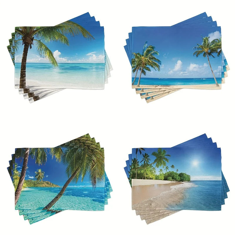 4pcs Tropical Beach Palm Tree Placemats Dining Table Decor Ocean Scene Kitchen Mat For Home & Restaurant Outdoor Party Decor