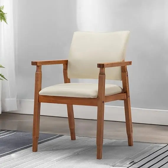 Set of 2 Mid Century Modern Walnut Dining Chairs Wood Arm Beige Fabric Kitchen Cafe Living Room Decor Furniture