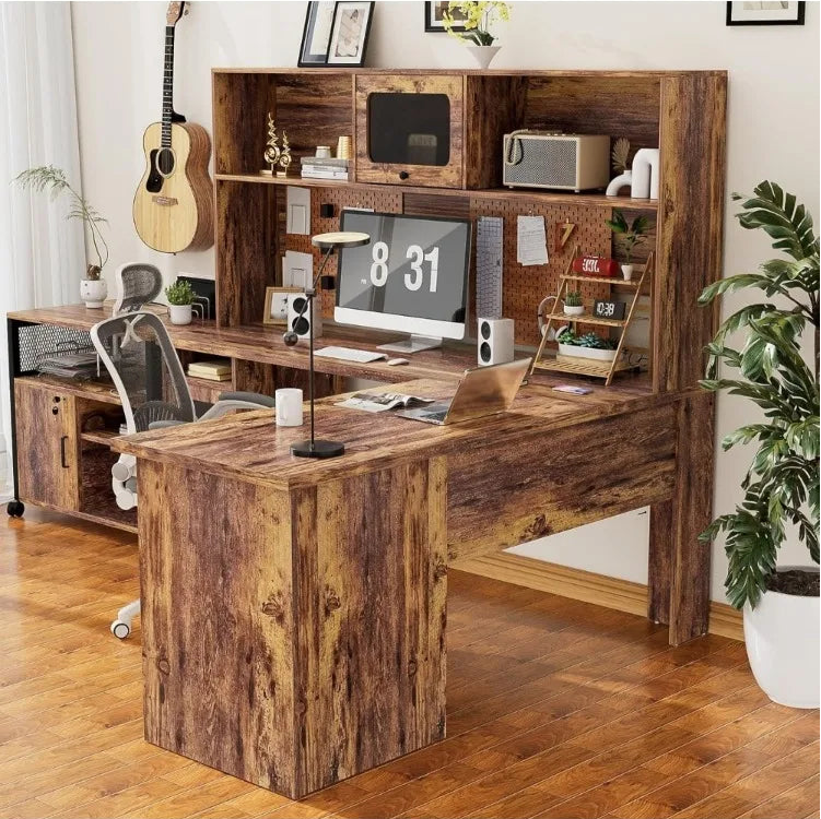 L-Shaped Desk with Hutch and Storage Cabinets