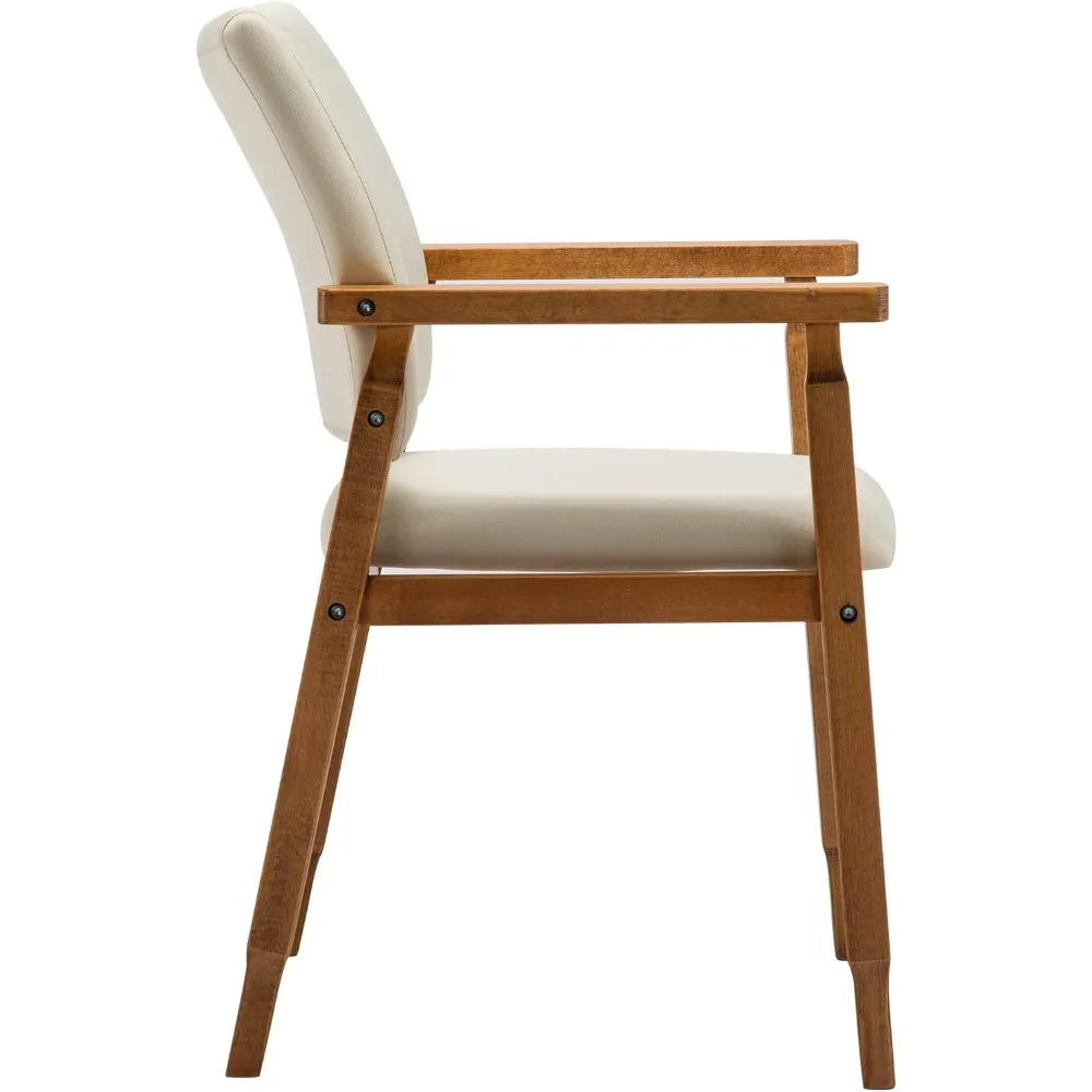 Set of 2 Mid Century Modern Walnut Dining Chairs Wood Arm Beige Fabric Kitchen Cafe Living Room Decor Furniture