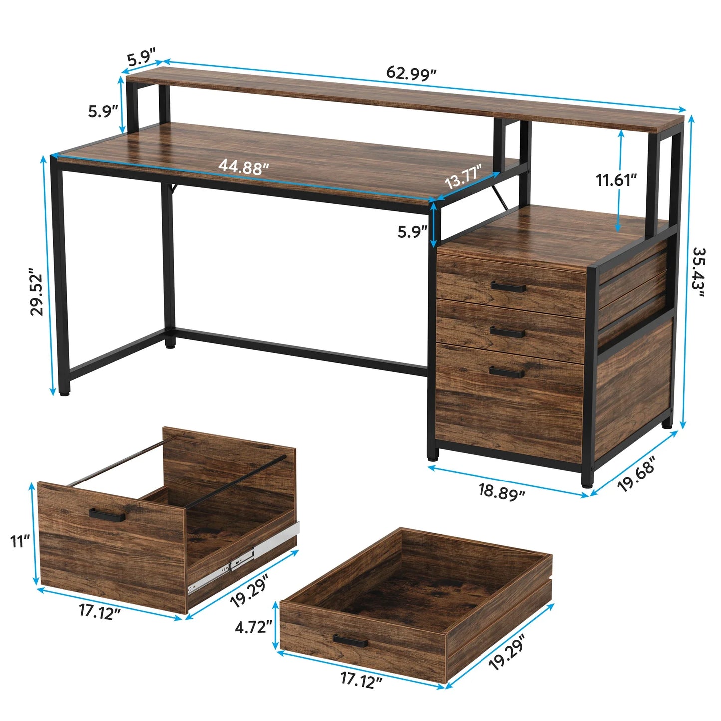 Desk with Monitor Shelf and 3-Drawer Storage Cabinet