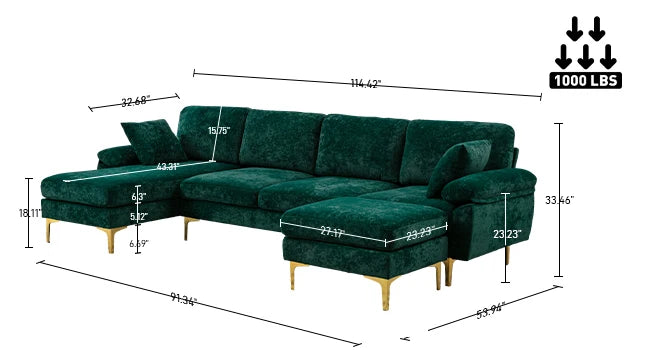 Emerald Green Velvet Sectional Sofa with Ottoman