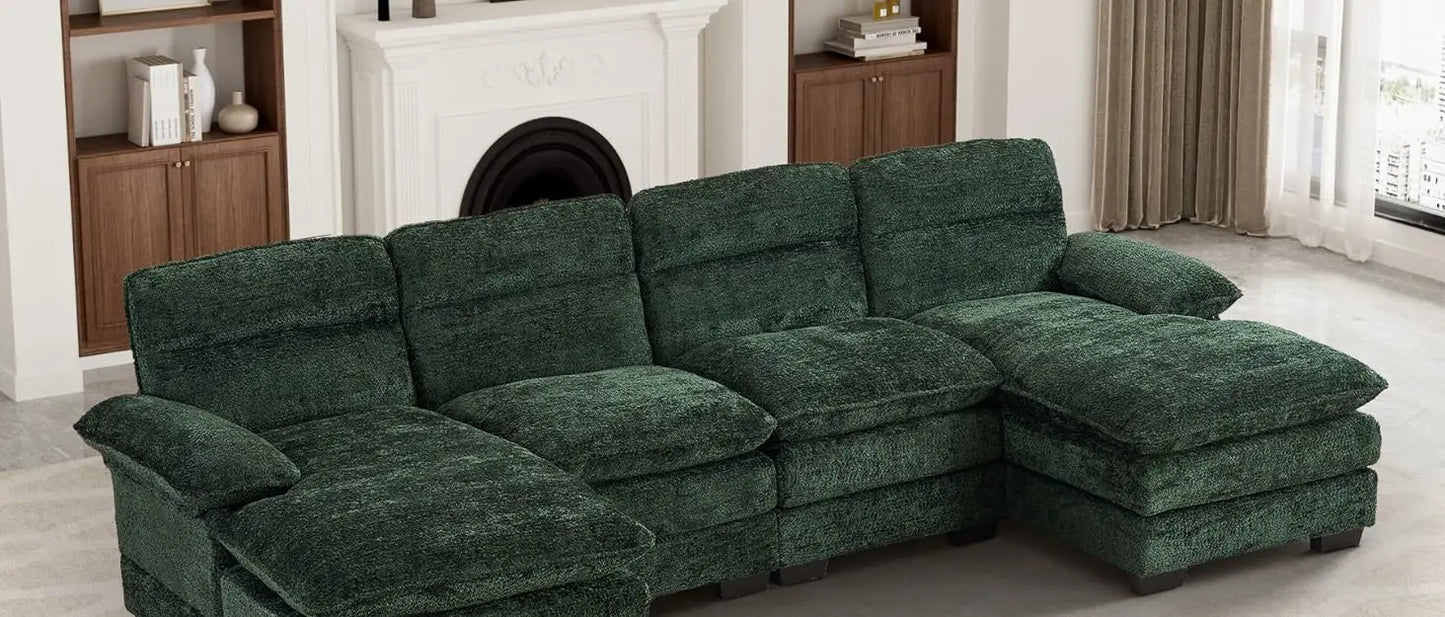 Emerald Green Velvet Sectional Sofa with Ottoman