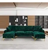 Emerald Green Velvet Sectional Sofa with Ottoman