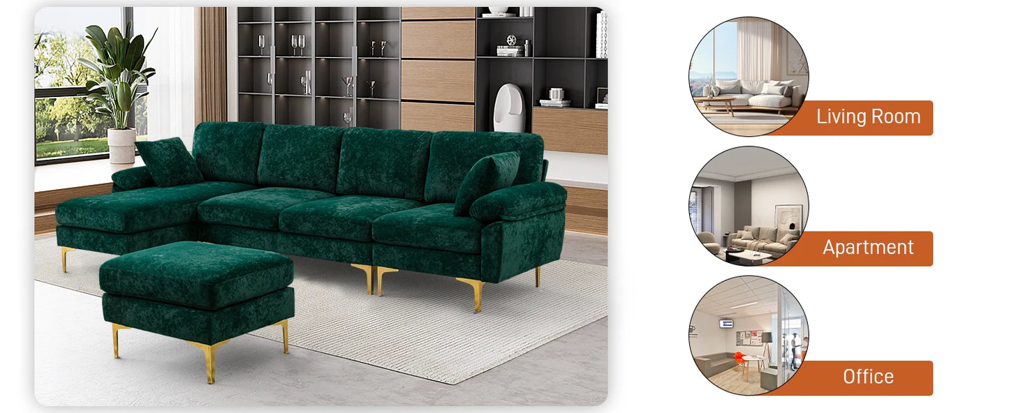 Emerald Green Velvet Sectional Sofa with Ottoman