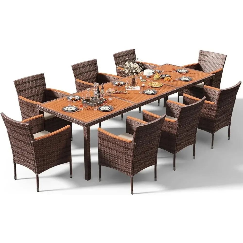 Patio Conversation Set with Acacia Wood Top, Rattan Outdoor Dining Table and Chairs for Backyard, Garden, Deck
