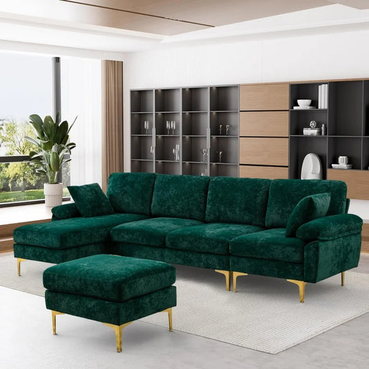 Emerald Green Velvet Sectional Sofa with Ottoman