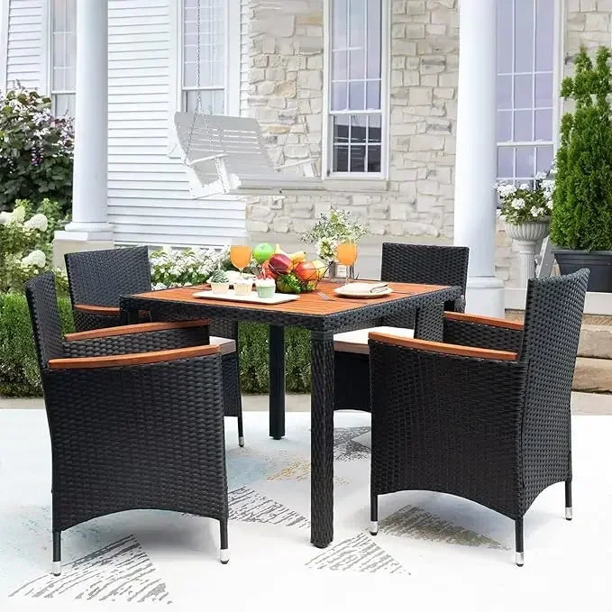 Patio Conversation Set with Acacia Wood Top, Rattan Outdoor Dining Table and Chairs for Backyard, Garden, Deck