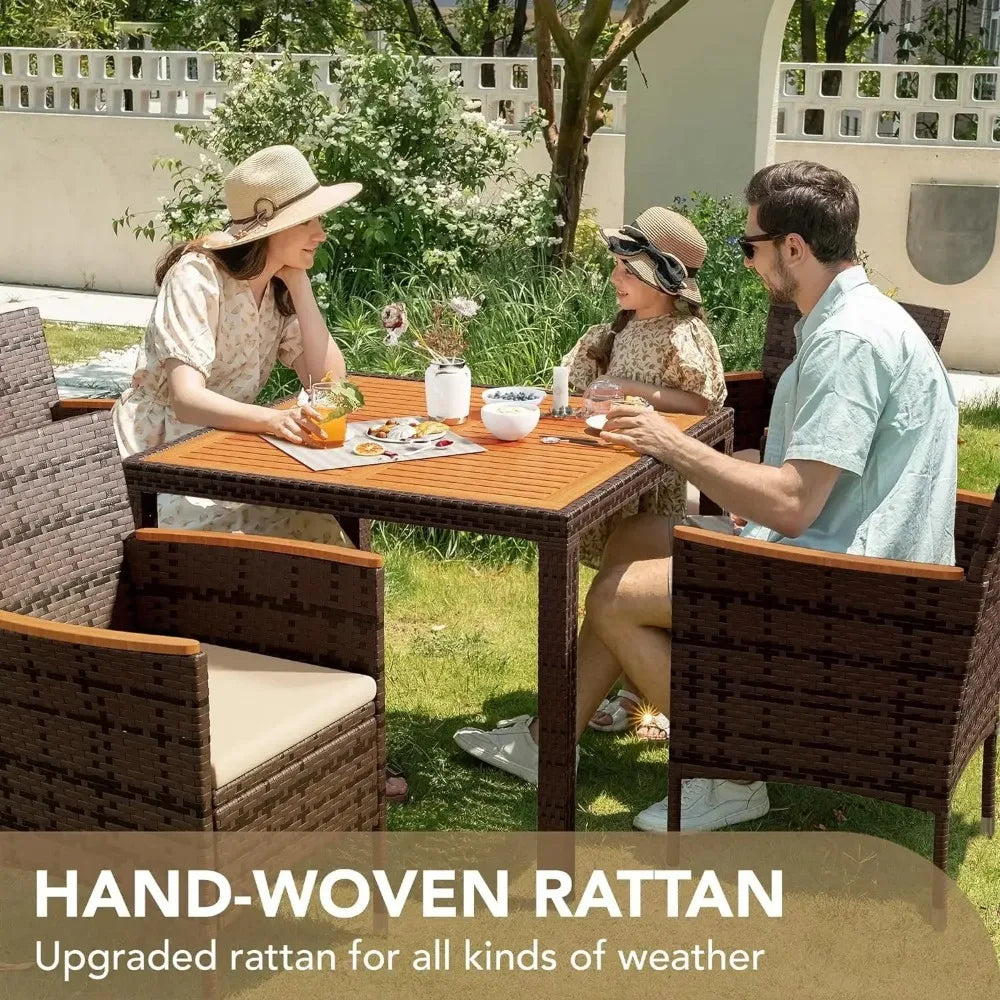 Patio Conversation Set with Acacia Wood Top, Rattan Outdoor Dining Table and Chairs for Backyard, Garden, Deck