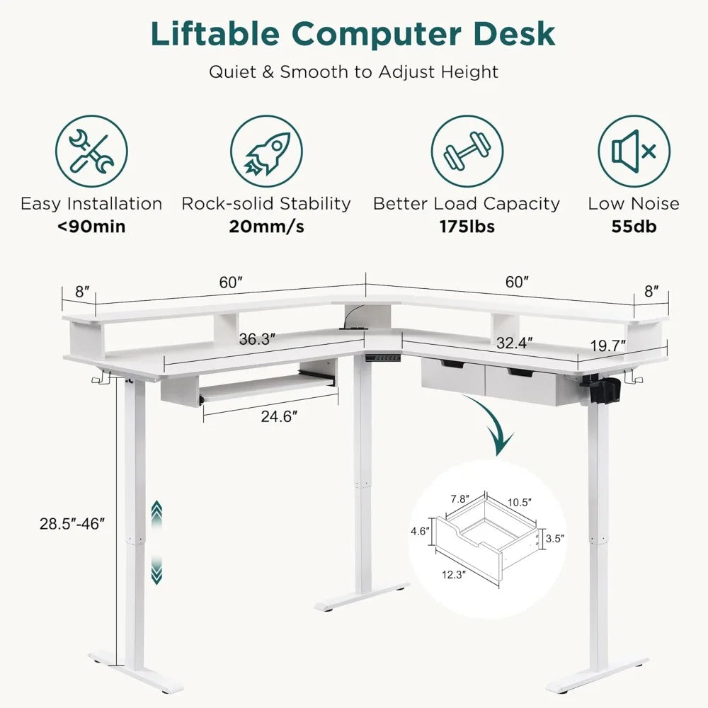 L-Shaped Electric Standing Desk, 60 inches Motor Height Adjustable Sit Stand Corner Desk with Led, Large Home Office Desk Compu