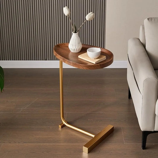 Modern C-Shaped Wood & Metal Side Table