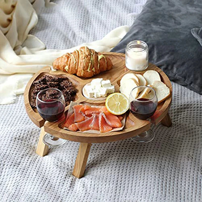 Portable Wooden Outdoor Wine Table with Snack Compartment
