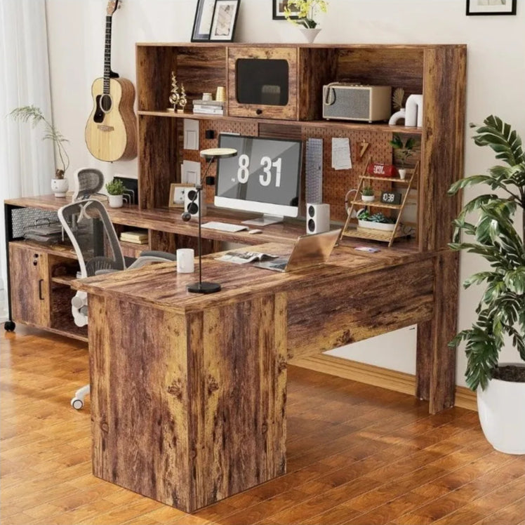 L-Shaped Desk with Hutch and Storage Cabinets