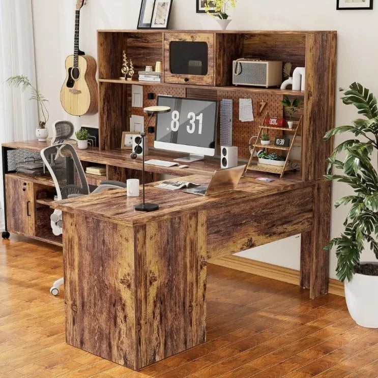 L-Shaped Desk with Hutch and Storage Cabinets