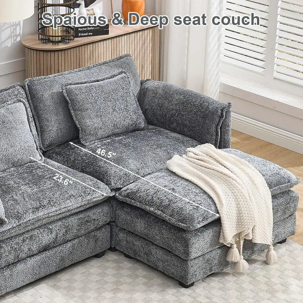Chenille deep seat loveseat Sofa, Comfy Modular L Shaped Sofa for Living Room Bedroom Apartment, Gray